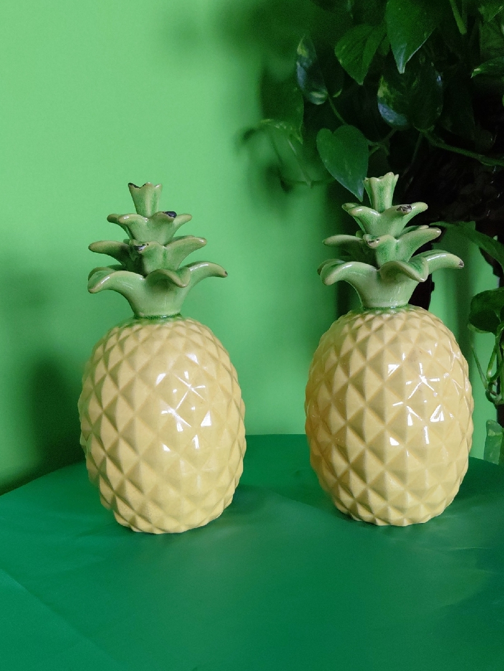 Ceramic Pineapple Pair - Yellow and Green Decorative Accent